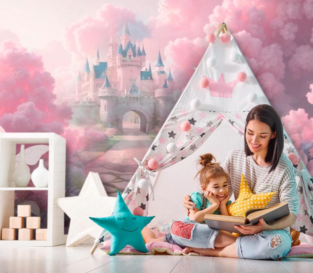 Fairy Tale Princess Castle in Pink Clouds Peel and Stick Wallpaper ...