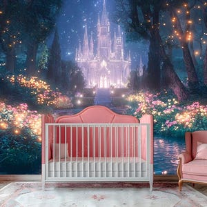 May include: A pink and white cot with a matching pink armchair and a plush toy basket. The background features a fairytale forest scene with a castle, flowers, and a river, creating a whimsical nursery theme.