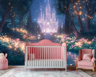 Fairytale Castle Wall Mural – Magical Princess Wallpaper for Kids Room Nursery – Fantasy Enchanted Forest Wall Decor – Peel & Stick Mural