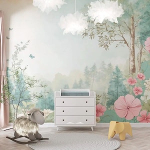 Forêt magique et fleurs murales fée bois enfants papier peint personnalisable mur pépinière amovible forêt stickers muraux pour fille papier peint