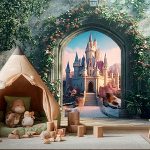 Arch to Princess Castle Wall mural Magic Garden Wall Sticker Fairy Decal for Girl Nursery Customizable Murals Removable Castle Backdrop Wall