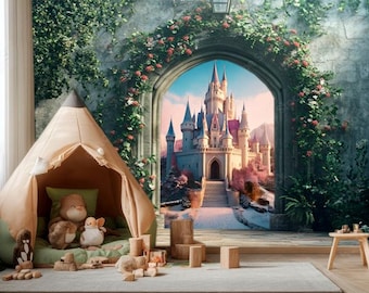 Arch to Princess Castle Wall mural Magic Garden Wall Sticker Fairy Decal for Girl Nursery Customizable Murals Removable Castle Backdrop Wall