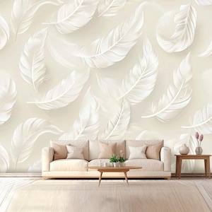 Ivory Beige Feathers Wallpaper Accent wall Mural Decoration Ivory Wall papers Customizable Design Featers Wallpaper Living room wall decals