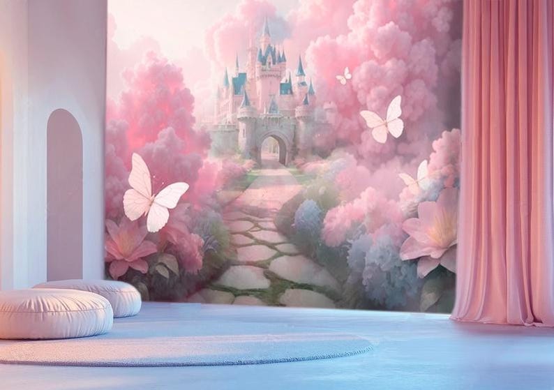Fairy Tale Princess Castle in Pink Clouds Peel and Stick Wallpaper ...