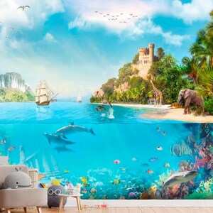 Carta da parati con delfini oceano Carta da parati con animali Carta da parati con isola meravigliosa Decalcomanie da muro per la camera dei bambini Sala giochi Murales dell'oceano Carta da parati personalizzabile
