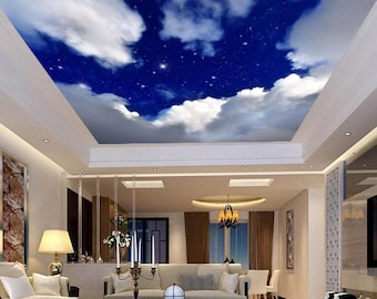 Murales de techo azul cielo Nubes Cielo Etiqueta de techo Decoración de techo Calcomanías de pared de techo personalizables Dormitorio Nubes Fondo de pantalla Extraíble