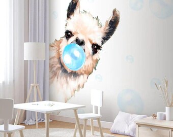 Funny Llama Wall Mural – Cute Alpaca with Bubblegum – Whimsical Animal Wallpaper for Kids Room, Nursery, Playroom or Living Room Decor