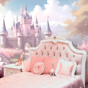FairyTale Pink Castle Wallpaper Pastel Dreamy Princess Wall Mural Magical Fantasy Landscape for Kids Room or Nursery Decor Customizable