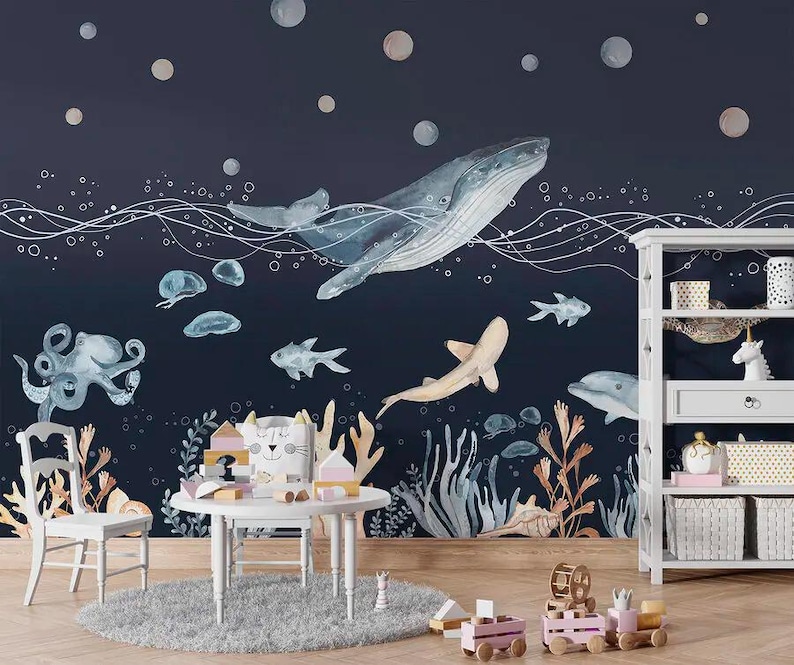 Whale Ocean Fish Boy Wall Mural Ocean Wallpaper Nursery Wall Sticker ...