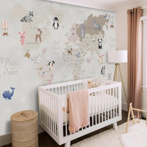 Papier peint autocollant carte du monde pour bébé, animaux, chambre d'enfant, pingouin, Panda, renard, lapin, décoration murale pour chambre d'enfant, autocollant au Design exclusif, papier peint photo
