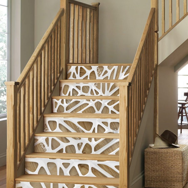 3D White Geometry Wooden Block  Self Adhesive 3D Eco Wooden Stair Riser Panels Stairs Risers Sticker Mural Photo Mural Vinyl Decal Wallpaper