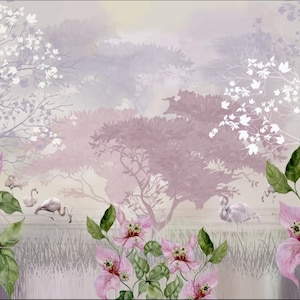 Baby Mädchen Exotische Träume Rosa Flamingo Lila Wolken Wunderschöne Blumen Wand Dekor Tapete Exklusives Design FotoTapete