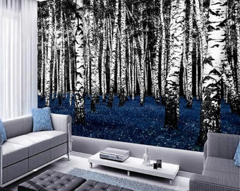 Big Black White Birch Trees Blue Leaves Forest Wallpaper Sticker Wall Decor Photo Mural Self Adhesive Exclusive Design Photo Wallpaper