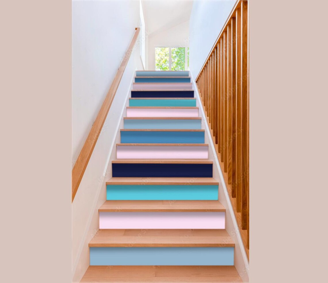 Teal Blue and Gray Color Stair Risers Decals Peel and Stick Riser ...