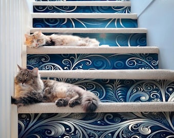 Blue White Pattern Stair Risers Winter Pattern Peel and stick Stair Stickers Blue Winter Stair Risers Christmas Customizable Stair Decals