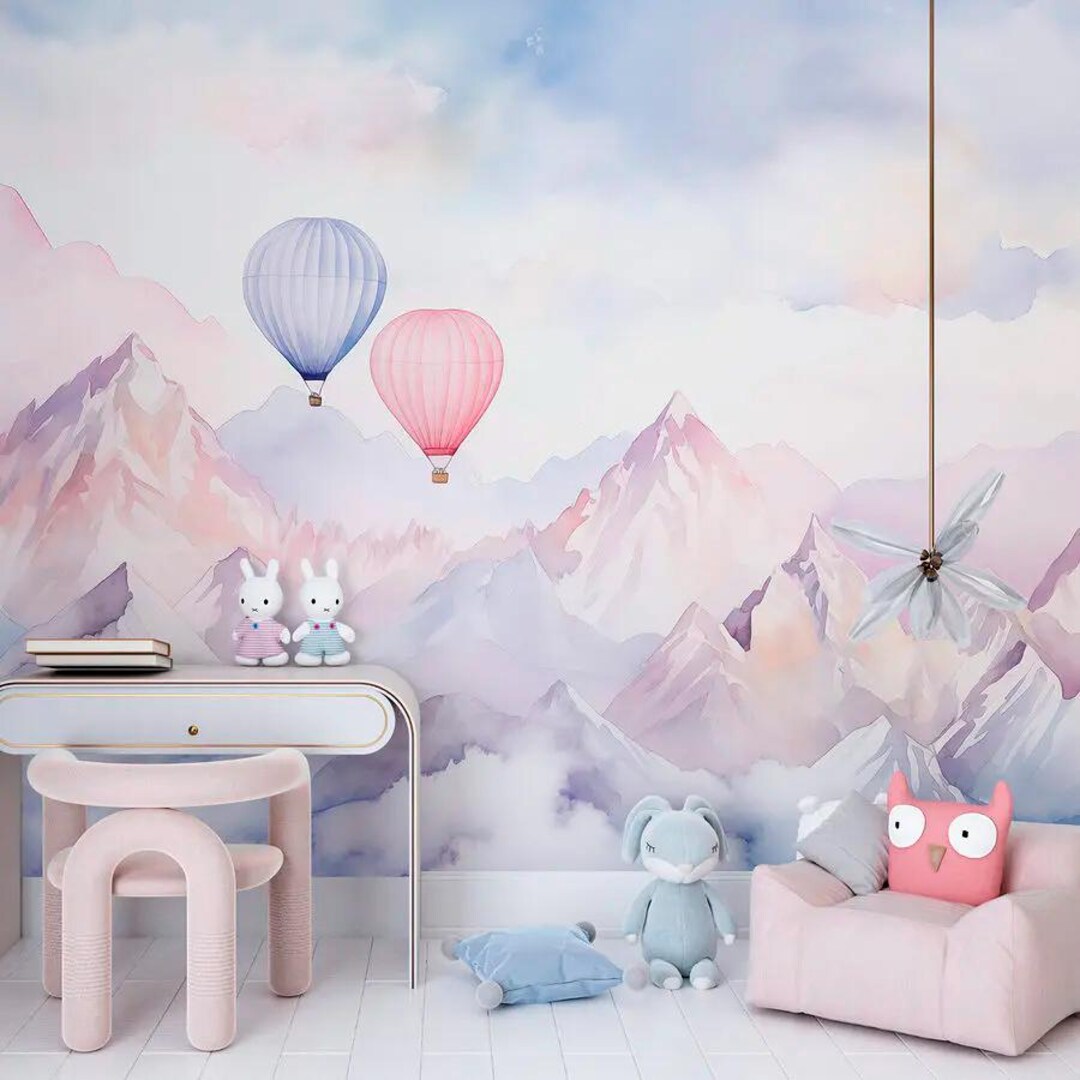 Hot Air Balloon Wall Mural – Pastel Mountain Clouds Wallpaper for Kids ...
