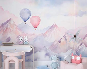 Muurschildering met heteluchtballonnen – Pastelkleurige bergwolken voor de kinderkamer – Verwijderbare zelfklevende decoratie voor de babykamer