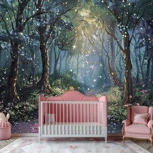 Papier peint mural en bois féerique pour enfants, autocollant mural forêt magique, autocollant pour chambre d'enfant, papier peint arbres magiques, mur de fond de forêt amovible