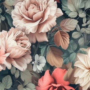May include: A floral pattern featuring large, detailed roses in shades of peach, pink, and cream, interspersed with green and brown leaves against a dark background. The design evokes a vintage or botanical theme.