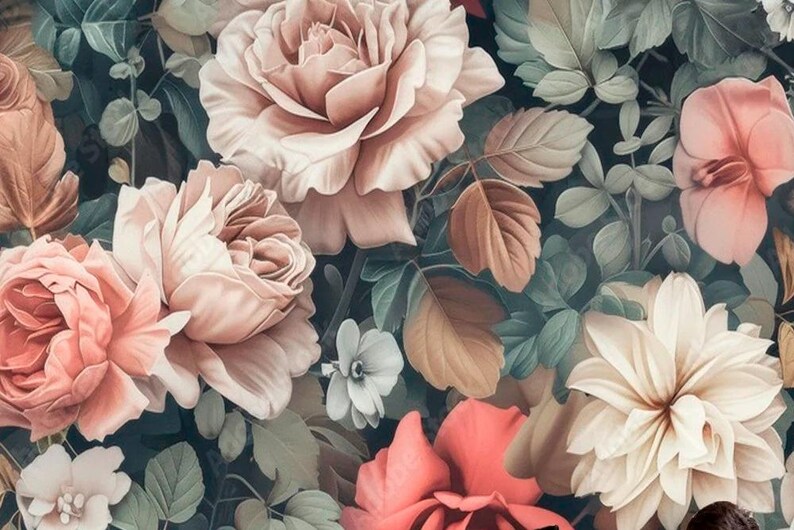 May include: A floral pattern featuring large, detailed roses in shades of peach, pink, and cream, interspersed with green and brown leaves against a dark background. The design evokes a vintage or botanical theme.