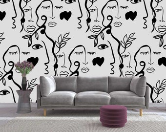 Negro Blanco Mono Línea Abstracto Rostros Femeninos Moda Papel Pintado Extraíble Mural Vinilo Línea Art Decal Peel and Stick Beauty Salon Wallpaper