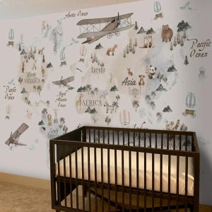 Wandaufkleber „Kinderkarte mit Flugzeugen“ fürs Kinderzimmer, Weltkarte mit Namen, Wandbild fürs Kinderzimmer, Wandbilder, anpassbare Wandaufkleber, abnehmbar