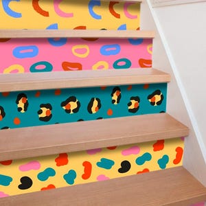 Animal Print Stair Stickers Bright Decal Pink Yellow Green Stair Panels Peel and stick Stair Riser Stickers Customizable Staircase Removable