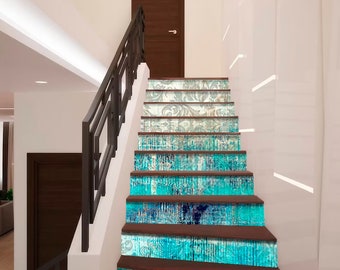 Beige Blue Gray Old Wooden Boards Peeling Paint Vintage Rainbow Stairway Decoration Adhesive Stair Riser Panels Sticker