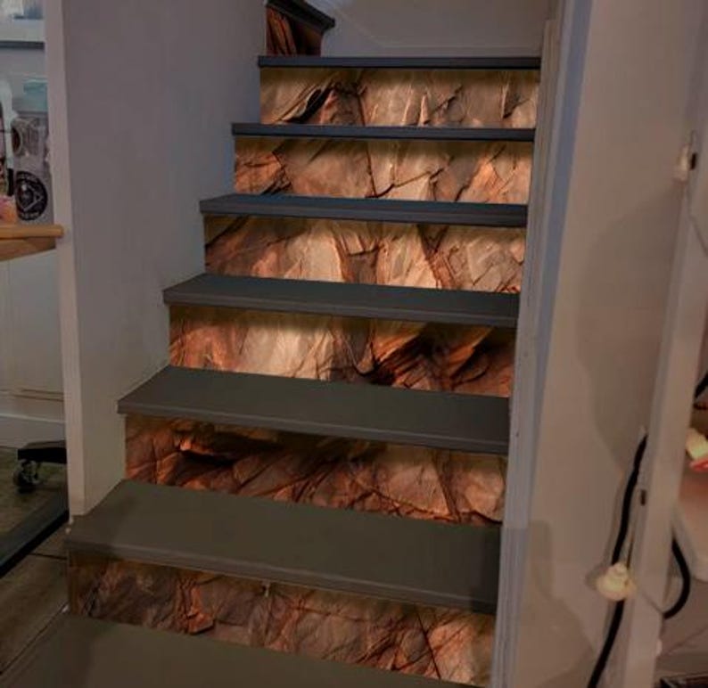 Dark red orange brown rock texture with cracks Stair Panel Rough mountain surface Stone granite background stair risers Brown rock staircase