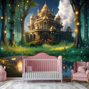 Carta da parati Castello dorato Carta da parati per cameretta dei bambini Carta da parati Foresta magica e castello PERSONALIZZABILE Carta da parati Castello della principessa Murales dorati Rimovibili