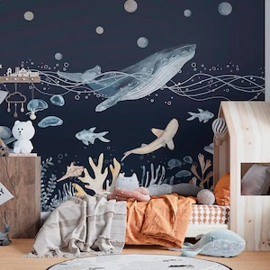 Whale Ocean Fish boy Wall Mural Ocean Wallpaper Nursery Wall Sticker decor Customizable Wallpaper for kids Ocean Removable Wallpaper Decals
