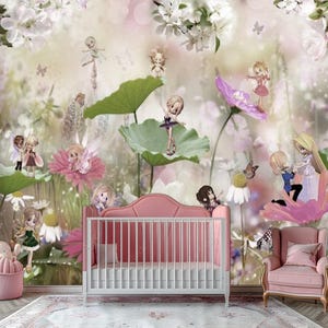 Magic Faerie wall mural for baby girl room Little Fairies Kids Wallpaper Room Nursery Flower and Fairies Wallpaper Customizable Wall decals