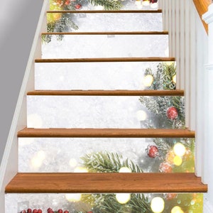 Décor d’escalier de Noël Décoration d’escalier en flocon de neige doré Panneaux de contremarche d’escalier adhésifs Contremarches d’escalier Autocollant mural Photo Autocollant Papier peint