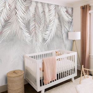 EXTRA GROßE Palmblätter Weiß Grau Wand hintergrund Kinderzimmer Florale Tapete Wand Kinderzimmer Foto Wandbild selbstklebend Design Fototapete