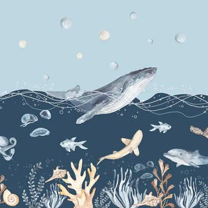 Whale Blue Ocean Fish Wall Mural Ocean Wallpaper Nursery Wall Sticker ...
