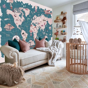 Wereldkaart Dieren Kids Room Vinyl Wallpaper Sticker Wall Nursery Mural Zelfklevend Exclusief Ontwerp FotoBehang