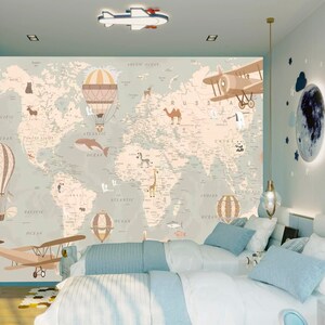Mapa mundial con animales, papel tapiz para habitación de niño, bebé, niño, gris, azul, beige, animales para niños, mapa mundial, globos, nombre del país, fondo de pantalla de peces oceánicos