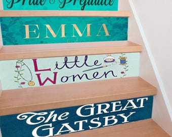 Vintage Book Stair Stickers – Library Stair Riser Decals Peel and Stick Vinyl – Literary Home Decor & Book Lovers Gift