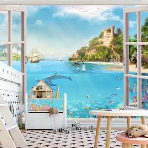 Finestra delfini camera Wallpaper Kids Room Nursery Wall Sticker sotto il mare foto murale Design esclusivo adesivo Self foto Wallpaper