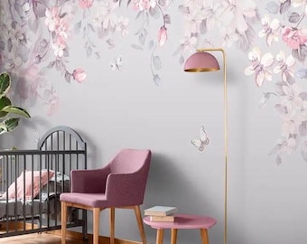 Floral Wall Mural – Pink Flower Wallpaper with Butterflies – Romantic Botanical Wall Decor for Bedroom, Nursery, Living Room – Custom Size