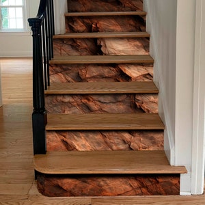 Dark red orange brown rock texture with cracks Stair Panel Rough mountain surface Stone granite background stair risers Brown rock staircase