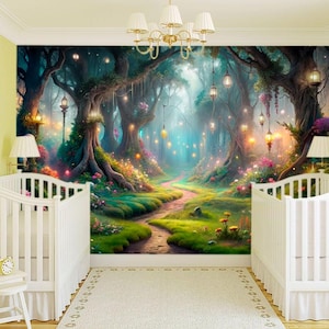 Forêt magique avec des champignons Papier peint féerique pour enfants Papier peint mural à décoller et à coller Papier peint photo personnalisable Forêt de fées Amovible