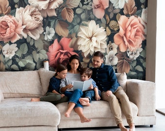 Flor pared mural peonías flores patrón gris rosa fondo de pantalla dormitorio pared mural GRATIS ENVÍO Mural personalizable foto fondo de pantalla diseño de flores