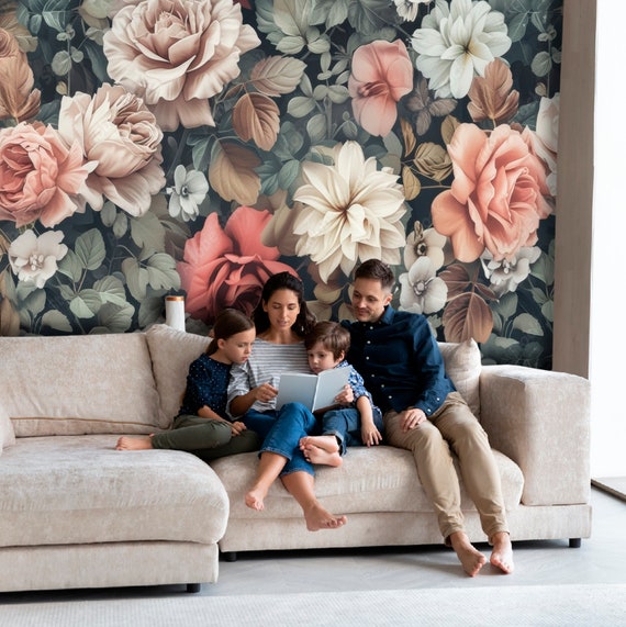 Flower Wall Mural Peonies Flowers Pattern Gray Pink Wallpaper Bedroom Wall Mural FREE SHIP Mural Customizable Photo Wallpaper Flower design