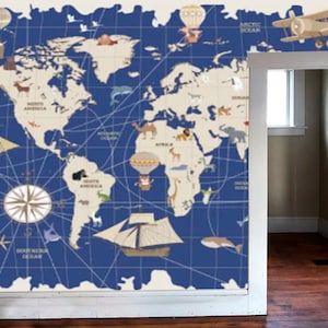 Mapa del mundo Animales Fondos de pantalla de la habitación de los niños Pegatina Pared Guardería Mural Autoadhesivo Diseño exclusivo Papel tapiz de fotos