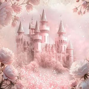 May include: A pink castle with white trim and towers, surrounded by a field of pink flowers. The castle is set against a soft pink and white background.