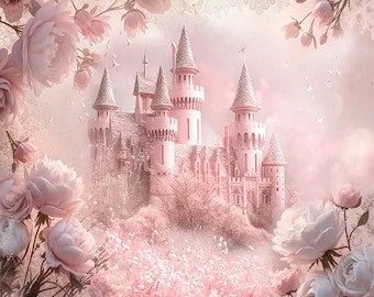 Princess Castle Wall Mural – Pink Fairytale Wallpaper for Girls Room – Floral Fantasy Castle Wall Art – Custom Kids Bedroom Decor