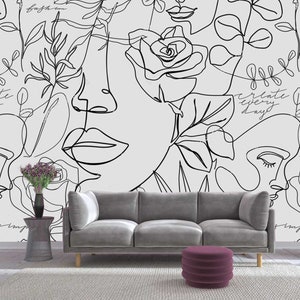 Carta da parati per camera da letto Carta da parati grafica astratta in bianco e nero con volto di donna Carta da parati per soggiorno Carta da parati Line Art Carta da parati per salone di bellezza personalizzabile
