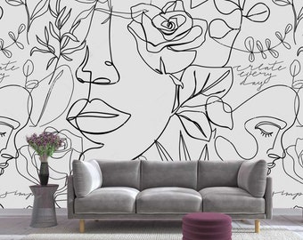 Line Art Wall Mural – Abstract Face Drawing Wallpaper – Minimalist Modern Wall Decor for Living Room, Bedroom, Office