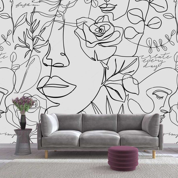 Mural de pared con arte lineal: papel pintado con dibujos faciales abstractos. Decoración de pared minimalista y moderna para sala de estar, dormitorio y oficina.